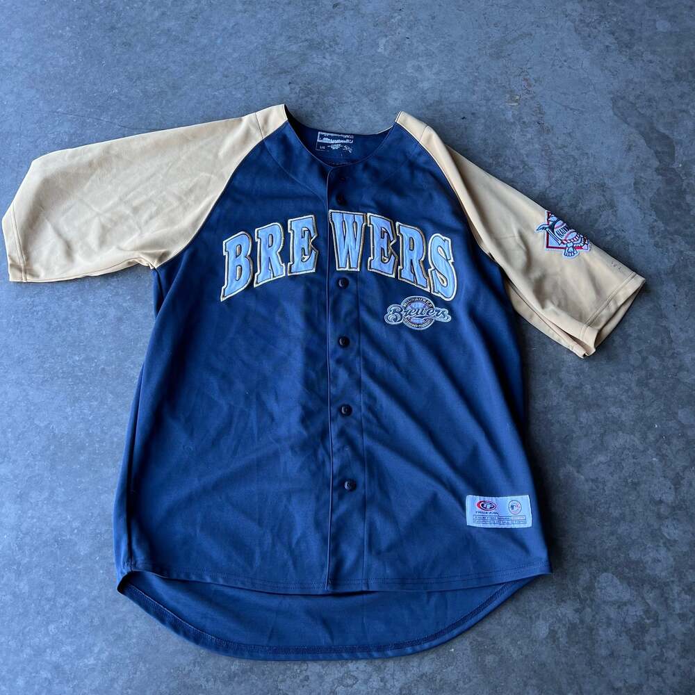 True Fan Milwaukee Brewers MLB Button Down Baseball Jersey Navy/Tan Mens L